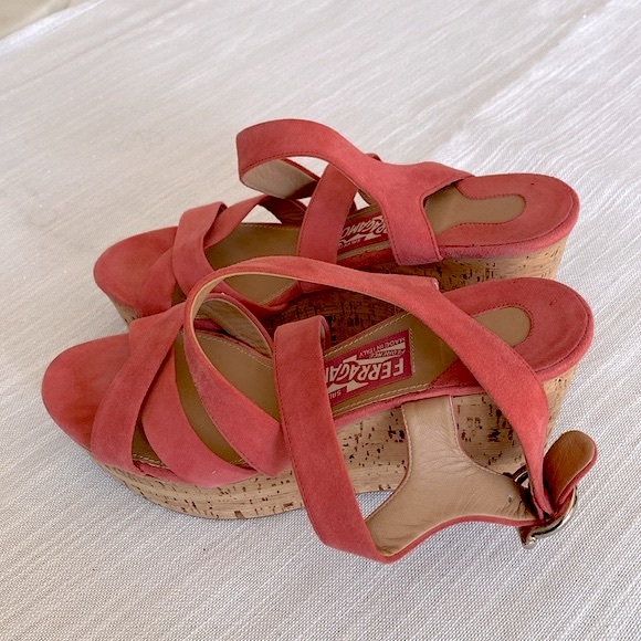 Salvatore Ferragamo Cross Strap Cork Wedge Sandals - Picture 2 of 10
